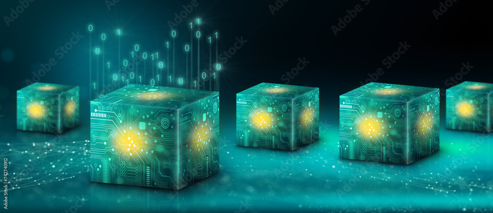 Cube technology on Converging point of circuit with Abstract blue ...