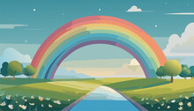Landscape With Rainbow And River. Ai Generated