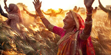 joyful elderly indian woman dancing among the eared wheat field with other people, the holiday Baisakhi holiday, poster