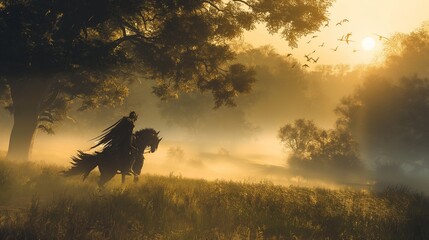 Wall Mural - A misty valley at dawn where a griffin lands softly, carrying its rider, a knight in shimmering armor, ready for an epic quest. 8k