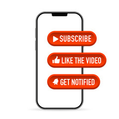 Poster - Button Icon Set for Channel on the smartphone screen. Like the video, get notified, and Subscribe. Red button to subscribe to channel, blog. Web button for promotion and marketing. Vector illustration