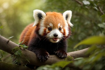 Wall Mural - cute baby red panda very happy and playful in the trees