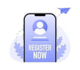 Poster - Create app account from smartphone, log in, join as member, sign up, register now button concept. Registration new account. Sign in page on smartphone screen. Vector illustration
