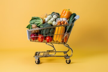 shopping cart full of groceries on yellow background 