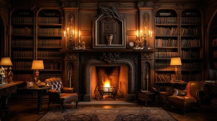 Wall Mural - warmth fireplace library