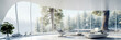 luxury futuristic modern light white living room interior, huge windows overlooking trees, forest landscape, natural view, minimalist interior design background