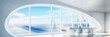 futuristic modern light white living room interior, huge windows overlooking the beautiful seascape, minimalist interior design background