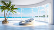 futuristic modern light white living room interior, huge windows overlooking the beautiful seascape, minimalist interior design background