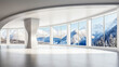 futuristic modern light white living room interior, huge windows overlooking beautiful snowy mountain landscape, minimalist interior design background