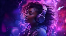 Young African American Woman Wearing Headphones Listening To Music In Neon Background.