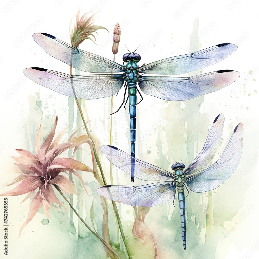 Two dragonflies and flowers on pastel background watercolor ...