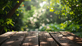 Fototapeta Natura - Rustic Wood Table Garden Bokeh Showcase