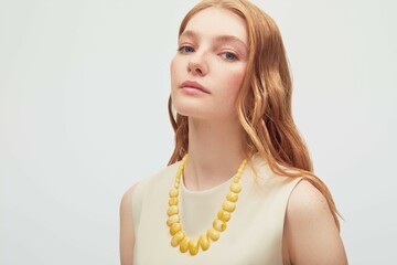 Wall Mural - Close up portrait of a beautiful elegant woman with freckles with stylish jewelry on a white background. Beautiful girl with jewelry.