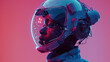 Portrait of the face of a young African American man wearing an augmented reality helmet. on a pink background
