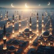 An aerial view of a city with a traditional mosque surrounded by twinkling stars, signifying the start of Ramadan by the gentle glow of only one crescent moon. Happy ramadan, ramadhan, ramazan