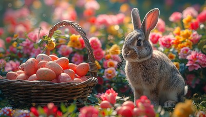 bunny in front of a basket of easter eggs, in the style of photorealistic art, ray tracing, photo-realistic landscapes, dark, foreboding colors, close up. Generative AI.