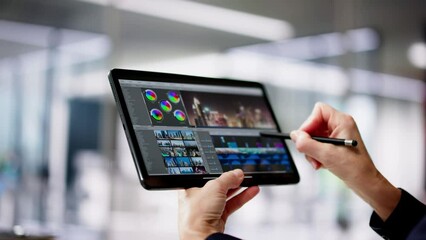Fototapete - Video Editor Or Designer Using Editing Software Tech