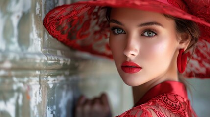 Wall Mural - Close-up photo of a stylish woman in a business suit and hat. Style, beauty and fashion concept