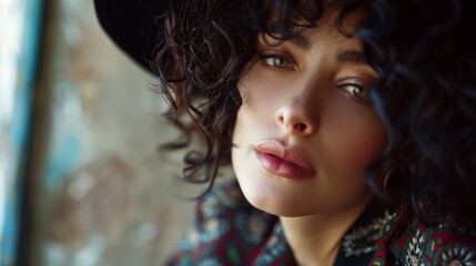 Canvas Print - Close-up photo of a stylish woman in a business suit and hat. Style, beauty and fashion concept