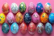 colorful painted easter eggs on a pink background, in the style of multiple patterns, vibrant. Generative AI