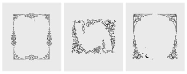 Wall Mural - Hand drawn vector abstract outline,graphic,line vintage baroque ornament floral frame in calligraphic elegant modern style.Baroque floral vintage outline design concept.Vector antique frame isolated.