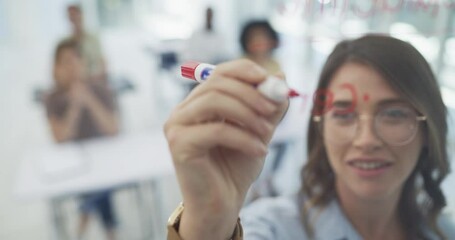 Aufkleber - Teacher, glass and writing notes in university classroom, academy and brainstorming for solution. College students, education and information on board, learning and analysis of knowledge for studying