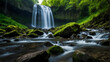 Forest Waterfall: Serene cascade amidst lush greenery and rocky terrain, harmonizing with nature's flow