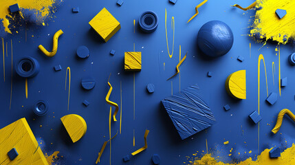 Wall Mural - Blue and yellow geometric shapes playfully arranged with vibrant splashes.