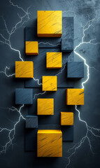 Poster - Yellow and blue 3D cubes with electric lightning in a striking arrangement.