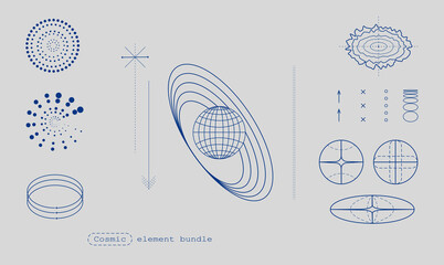 collection of astronomical diagrams and cosmic shapes in blue on white background. abstract geometri