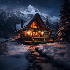 Poster - A cozy cabin in the snowy mountains. 