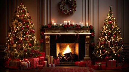 Canvas Print - holiday christmas tree and fireplace