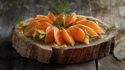 Wall Mural - smoked salmon dish, with thinly sliced salmon, rye bread, and a dill and mustard sauce, arranged on a piece of natural wood for a rustic yet elegant presentation. 8k