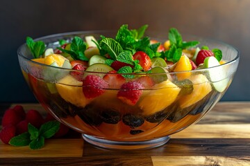 Wall Mural - A fruit salad fit for a party, arranged in a sizable glass punch bowl that can be shared, featuring a blend of seasonal fruits and a syrup infused with mint. 