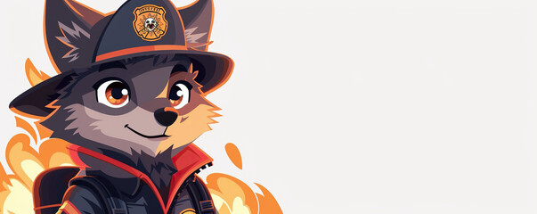 Wall Mural - a cute wolf in a firefighter's uniform on a white background