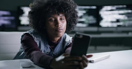 Leinwandbilder - Black woman, cellphone and office desk at night, exhausted and scrolling on social media. Software developer, tired and stress for information technology, programming and cyber security for company