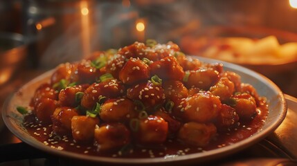 A South Korean street food scene featuring a plate of hot, spicy tteokbokki, rice cakes in a fiery red chili sauce, garnished with sesame seeds