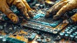 Disassembling Components in E-Waste Recycling Process. Close-up of a technician's hands disassembling and sorting through components during the electronic waste recycling process.
