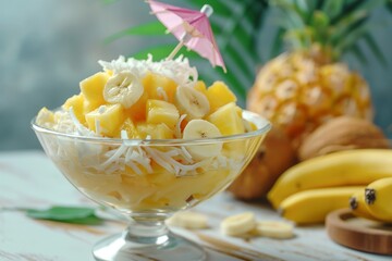 Wall Mural - A tropical fruit salad in a clear glass bowl, with pineapple chunks, banana slices, and coconut shavings, garnished with a small umbrella. 8k