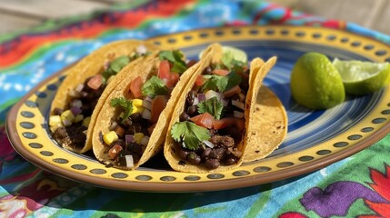 Wall Mural - A vibrant image showcasing a trio of vegan tacos on homemade corn tortillas, filled with spiced black beans, corn, avocado, diced tomatoes, and red onion. 