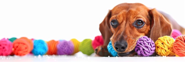 Sticker - banner with dachshund chewing a colorful toy while isolated on white 