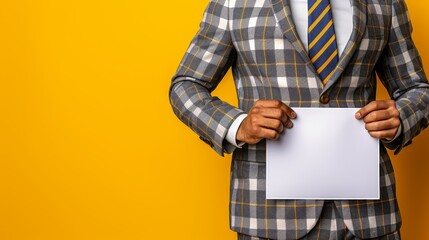 Poster - Businessman holding large blank white paper mockup on pastel background for text or graphics.