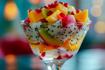 Wall Mural - A tall glass bowl filled with slices of mango, papaya, and dragon fruit, topped with pomegranate seeds and honey drizzled over. An exotic fruit salad.