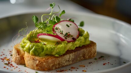 Wall Mural - An image capturing the simplicity and elegance of avocado toast, with creamy mashed avocado on a slice of toasted artisan sourdough bread. 