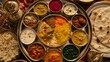 An Indian thali, with a variety of small bowls filled with colorful curries, dal, and raita, accompanied by fragrant saffron rice and fresh naan bread, all arranged on a traditional metal platter. 8k