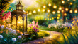 Cozy garden scenery with flowers, decorative lantern and lights in the background