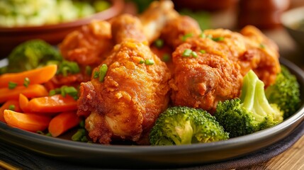 Wall Mural - Fried chicken legs presented artistically alongside steamed broccoli and carrots. 