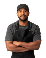 Wall Mural - Portrait of a smiling male waitress and food service, isolated on white background