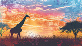 A majestic Giraffe in a savannah at sunset its long neck silhouetted against the vibrant sky acacia trees in the background