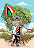 Fototapeta Dinusie - Child from Gaza, little Boy with Keffiyeh and holding a flying kite symbol of free Palestine Vector illustration isolated on White